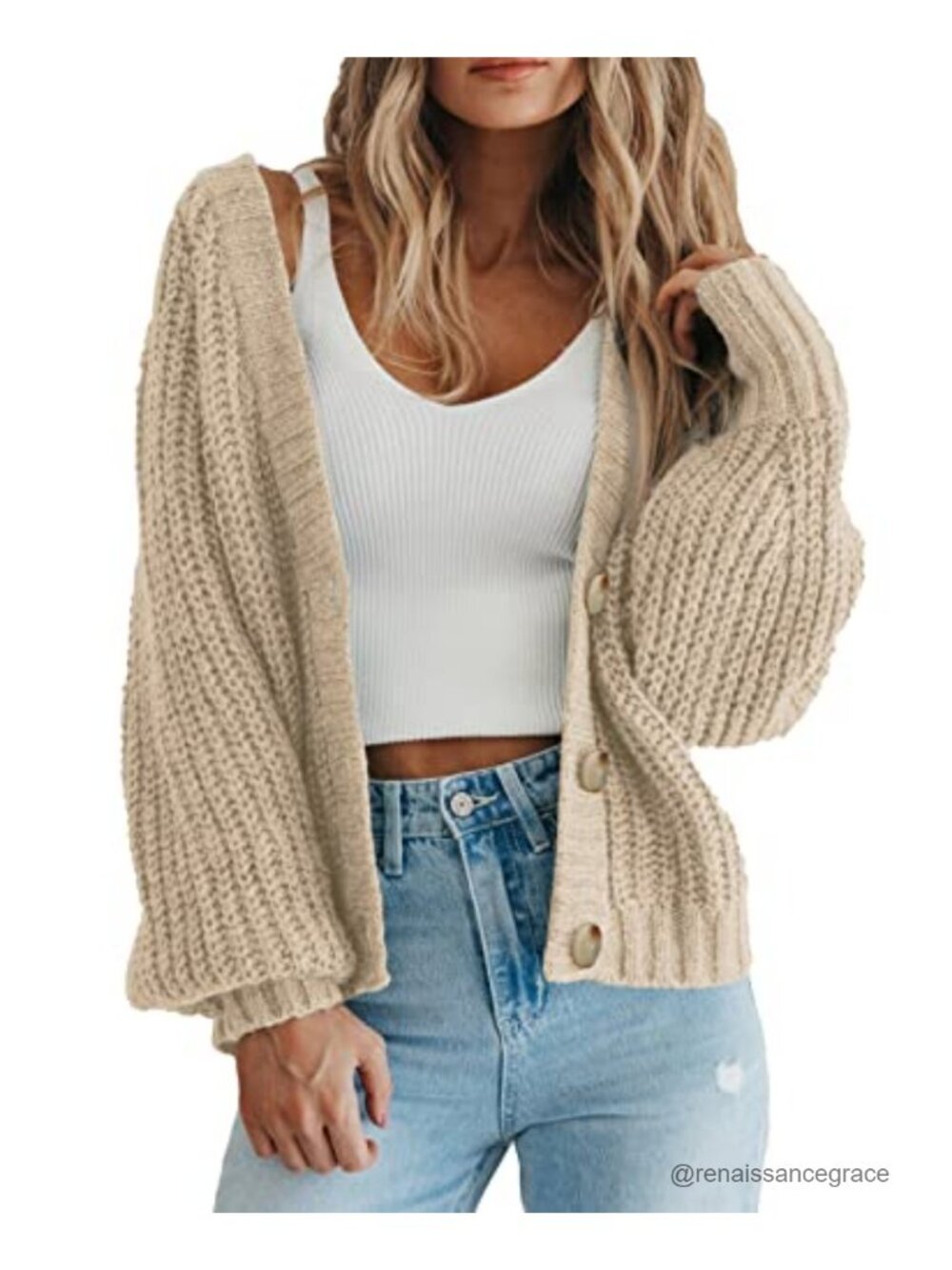 Chunky Knit Open Front Cardigan Button Down V Neck Long Sleeve Women Sweater